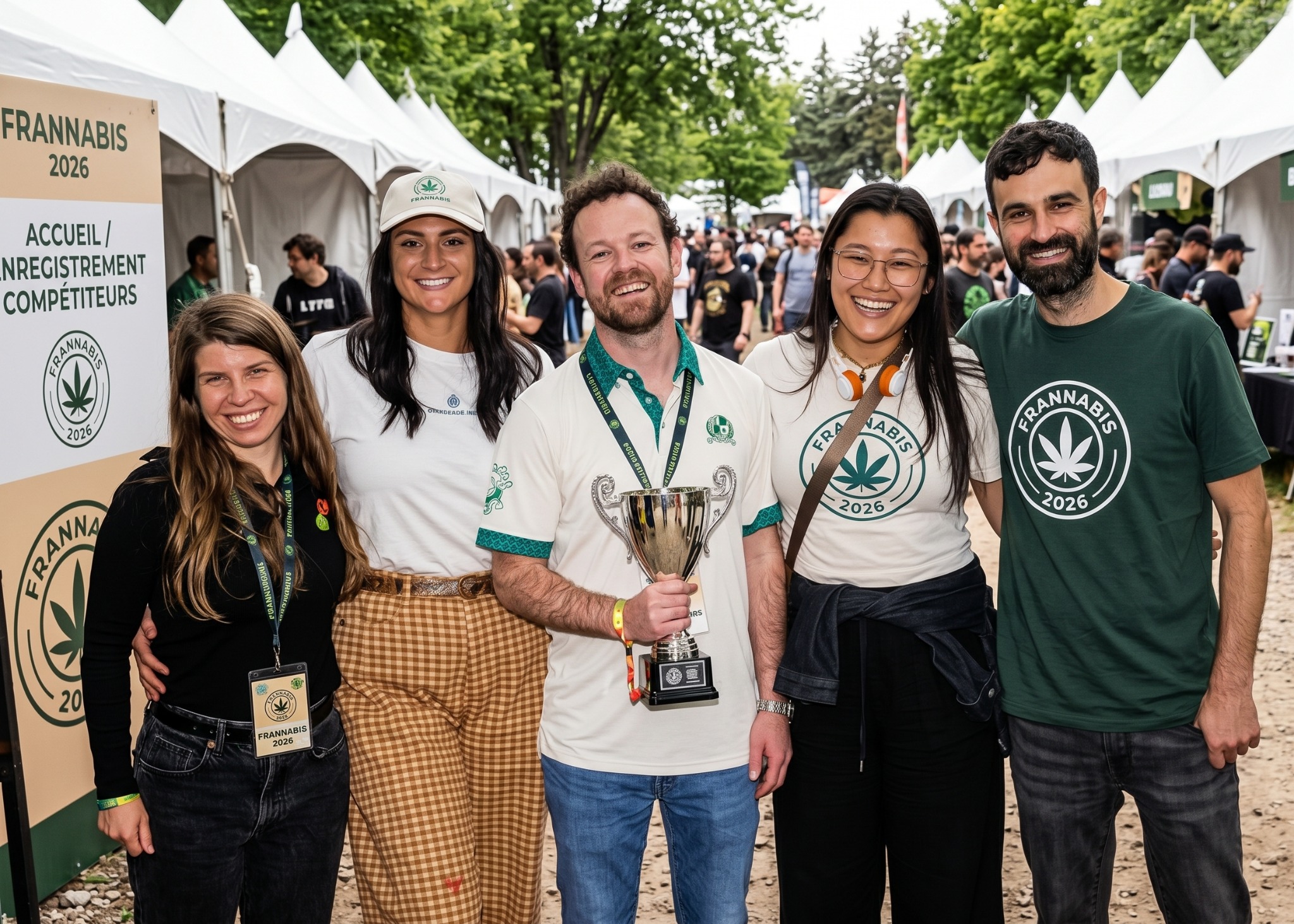 Scène illustrée de participants réunis autour d'un trophée Frannabis