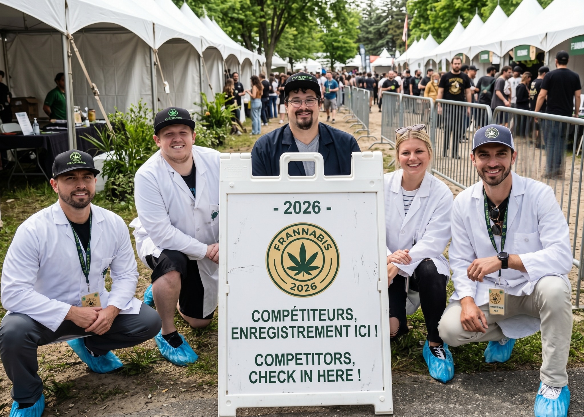 Scène illustrée de compétiteurs devant un point d'accueil Frannabis